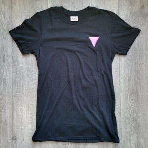 black t-shirt with pink triangle gay pride patch by Good Catch! size S
